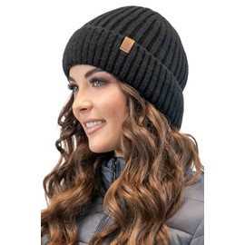 VIVISENCE Winter hat for women in classic style, perfect fit thanks to knitted cuffs, made of warm ribbed yarn, ideal for cold winter days, cold winter days, black