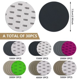 Pack of 30 Sanding Discs 75 mm Velcro Round Sandpaper Sanding Sheets Grit 1000/1500/2000/3000/4000/5000 Round Without Hole Dry Wet Sanding Pads for Metal Wood Glass Car Polishing
