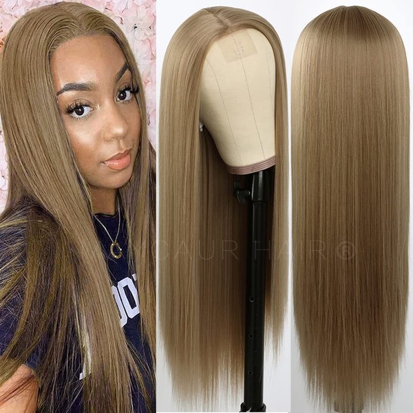 Maycaur Lace Front Wigs Brown Long Straight Hair 24 Inch Light Brown Color Wigs for Fashion Women Synthetic Lace Front Wigs with Natural Hairline