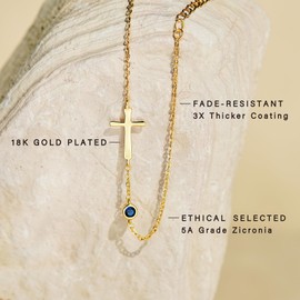 SilverLining Creation Birthstone Cross Bracelet for Women - Friendship Gift, Baptism Gift, 18K Gold Plated, 5A Zirconia, Triple-Layered Finish, Size 6-8"