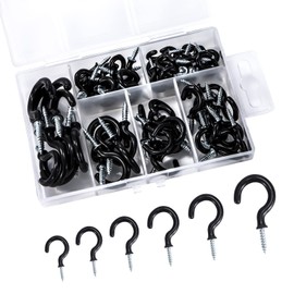 MoonSing Screw Hooks Ceiling Hooks 70 Pieces Stainless Steel Vinyl Coated Cup Hooks, Hook Screws Screw-In Hooks Cups Cup Hooks Eye Hooks Wall Hooks for Indoor Outdoor Use, 6 Sizes, Black