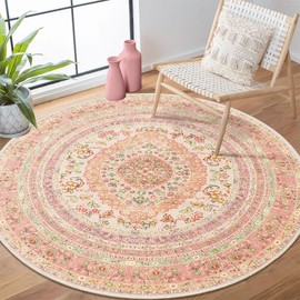 Castage Round Area Rugs 4ft Washable,Pink Rug for Living Room Bedroom Dining Room,Circle Boho Vintage Bohemian Distressed Farmhouse Carpet Non Slip,Blush Floral