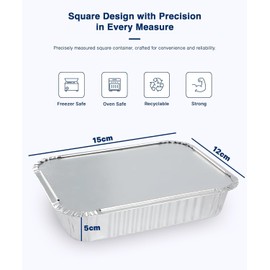 Aluminium Foil Trays with Lids 20 Pack, 15x12x5cm Rectangular Disposable Tin Foil Containers with Extra Strong Lids, Sturdy Reusable Takeaway Containers for Food Storage, Lunch, Baking and Party