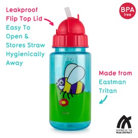 TUM TUM Flip Top Kids Water Bottle With Straw, Tritan Toddler Water Bottle, 400ml, BPA Free (Bugs)