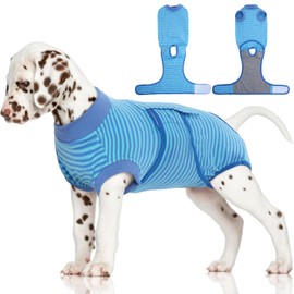 FUAMEY Recovery Suit for Dogs After Surgery,Soft Breathable Dog Bodysuit E-Collar & Cone Alternative Surgical Suit,Male Female Dog Neuter Spay Suits Anti Licking Wounds Onesie Navy Blue Strips XS