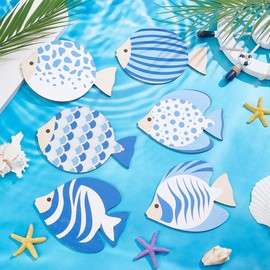 UNICRAFTALE 6Pcs Wood Fish Beach Wall Decor Coastal Wall Art Nautical Beach Decor Bathroom Walls Decoration Blue Fish Walls Sculpture Hanging Sculptures for House Bedroom Living Room