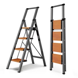 WOA WOA 4 Step Ladder, Ladders for Home, Anti-Slip Pedals, Aluminum Step Stool Foldable, Lightweight to Move, Ease of Storage, Reach 9ft for Closet Kitchen Library, Hold 300lbs - Black&Wood Grain