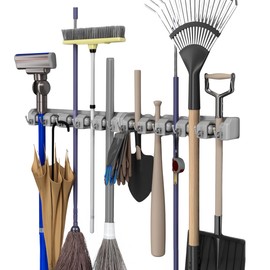 Garden Tool Organizer Wall Mount Broom and Mop Holder, 5 Adjustable Slots and 6 Hooks Utility Rack for Garage or Home Organization, 2-Pack by Stalwart