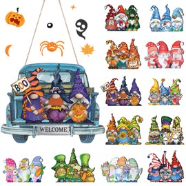 Interchangeable Welcome Sign for Front Door, 13 Pcs Farmhouse Truck Decor Hanging Sign with Magnet Pieces, Seasonal Rustic Wooden DIY Hanging Front Door Decorations for Holiday Decor, 12 Inch