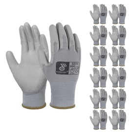 HANDLANDY 12 Pairs PU Coated Nylon Black Protective Work Gloves, Non-slip Flexible Gloves for Construction, Warehouse, Gardening (Grey, Medium)