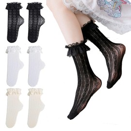 3 Pairs of Socks with Ruffles Women's with Bows, Ruffle Socks Costume Socks Women, Lace Ankle Socks Ruffle Costume Socks Women, Dirndl Socks Women for Lolita Dress, Kawaii Clothes Women Girls, White