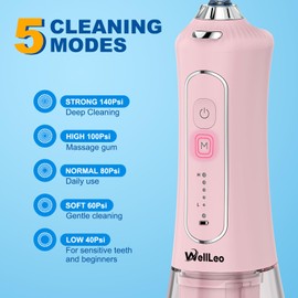 WellLeo Water Flosser for Teeth, 300ML Cordless Oral Irrigator Rechargeable Dental Flosser Teeth Picks with 5 Modes 5 Jet Tips,IPX7 Waterproof Teeth Cleaner for Braces Gum Care, Home Travel Use