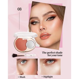 Blush and Highlighter Palette,2 in 1 Orange Blusher Pearl Shimmer Highlighter,Matte Blusher and Bronzer for Face Cheeks,Longlasting Waterproof Facial Makeup Set with Brush,Makeup Gift for Women-03