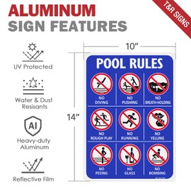 T&R Pool Rules Sign No Diving, No Glass, No Food, No Peeing Sign with Symbols - 1 Pack - 14"x10" .040 Rust Free Heavy Aluminum, Reflective, Waterproof and Fade Resistant, 4 pre-drilled holes, Easy to Mount