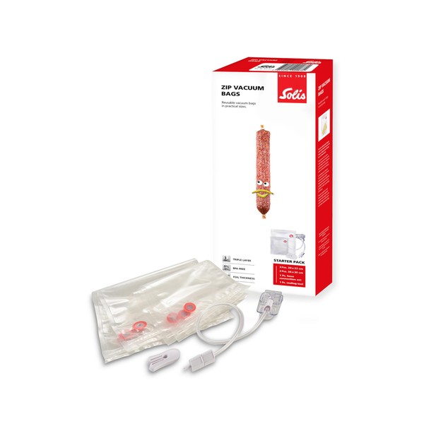 Solis Starter Kit mit Zip-Vakuumierbeuteln, 7-tlg.: 5x Einschweißbeutel, 1x Schlauchanschluss-Set