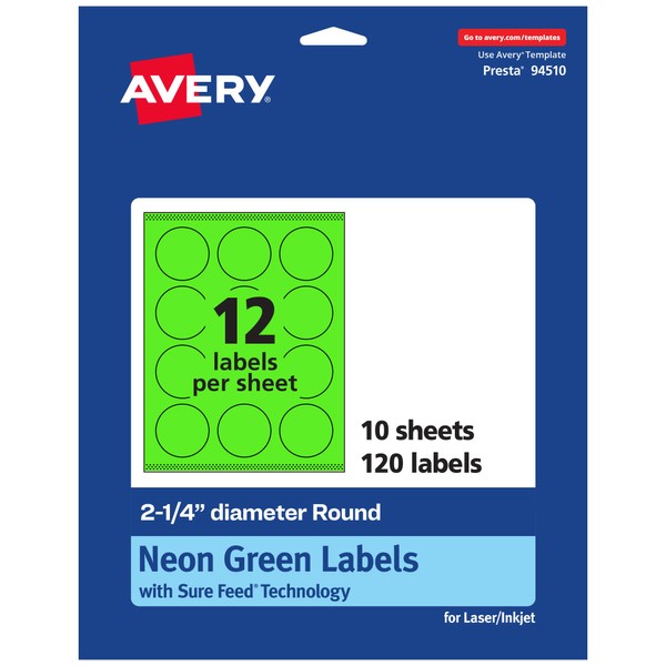 Avery Printable Round Labels with Sure Feed Technology, 2-1/4" Diameter,