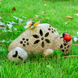 WONDHOME Solar Butterfly Stone Ladybug Garden Statues Outdoor Decor with Hollow Pattern Butterfly Stone with LED Lights Lawn Yard Home Ornament Christmas Birthday Gardening Gifts for Mom Women