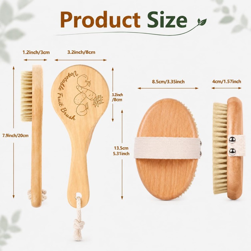 Wooden Vegetable Brush Set with Handle, Potato Scrubber for Fruits