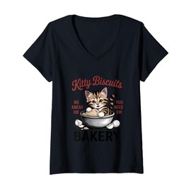 Womens Kitty Biscuits Bakery Freshly Pawed Cuteness Design V-Neck T-Shirt
