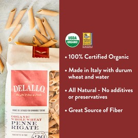 DeLallo Whole Wheat Penne, 1 Pound Bag, 7 Pack, 100% Certified Organic, Made in Italy, Whole Grain