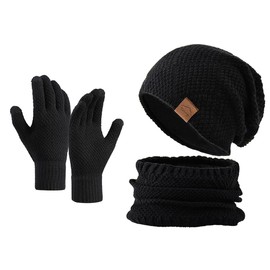 Gorro Invierno Bufanda Guantes Tactiles para Hombre Mujer,Conjunto Gorros Beanie Bufanda Guantes con Forro Polar Coral de Lana,Set de Sombreros con Tejido de Punto para Nieve,Esquiar,Escalar (Negro)