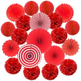 Zerodeco Tissue Paper Pompoms, Paper Fans and Honeycomb Balls, Decorative Paper Kit for Birthday, Wedding, Baby Shower, Parties, Main Decorations, red
