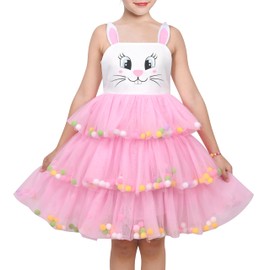 Girls Dress Easter Rabbit Bunny Face Pink Layered Ruffle Pom Party Size 4 Years