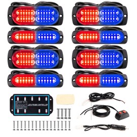 BooYu 8-pcs Sync Feature LED Emergency Strobe Lights Ultra Slim Grille Surface Mount Flashing Warning Hazard Light Bar w/Controller for Police, Firefighter, Trucks, Vehicles, Car (Red/Blue)