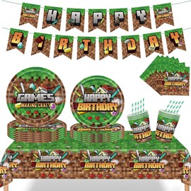 Miner Birthday Party Tableware, 62 Pieces, Game Party Tableware, Birthday Decoration, Paper Plates, Napkin, Cup, Tablecloth for Boys, Children's Birthday Party Supplies, Video Games, Children's