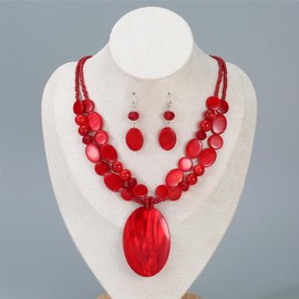 Rosslyons Big Oval Gemotric Pendant Necklace for women Double Strand Colorful Beads Statement Necklace and Earrings Set Fashion Jewelry Gifts (Red)