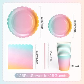 UVTQSSP 125PCS Party Plates, Colorful Scalloped Paper Plates and Cups and Napkins Sets Party Supplies for Birthday Baby Shower Bridal Shower, Disposable Tableware Sets,Serve for 25 Guests, Colorful