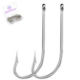 Natufish J Hooks Fishing O'Shaughnessy Hook 50Pcs Offset Fish Hooks Saltwater Barbed/Long Shank/Closed Eye for Soft Plastic Baits(Size 20#)