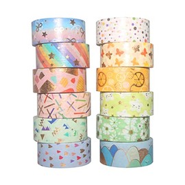 Henniu Juego de 12 rollos de cinta Washi, cinta adhesiva decorativa de 15 mm de ancho con patrón lindo, cinta adhesiva decorativa para bricolaje, manualidades, diarios, planificadores, álbumes de reco