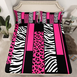 Homemissing Leopard Zebra Sheet Set Kids Cheetah Pink White Black Sheets with Deep Pocket Fitted Sheet for Boys Animal Print Bed Sheets Set Breathable Safari Geometry Decor Single