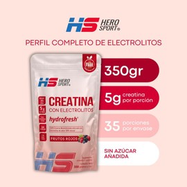 HS Hero Sport Creatina Monohidrata Micronizada 350g Pre Entreno con Electrolitos sabor Frutos Rojos. 35 Porciones, Zinc, Magnesio, Potasio, Calcio, Beet Root y L-Metionina. Sin Azúcar, Bottle Free