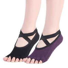 Win.Deeper Women's Yoga Socks, 5 Toe Socks, No Instep, Non-Slip, Breathable, Antibacterial, Odor Resistant, Exercise, Hot Yoga, Set of 4 Pairs, black purple