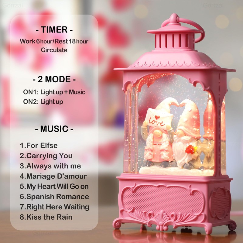 Gorrzai Valentines Day Snow Globe Gnome Snow Globe Lantern, Lighted