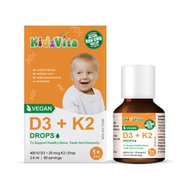 KidzVita - Organic Vegan Vitamin D3 & K2 Drops 400 IU – Support Healthy Bones, Teeth, Immunity - Vegetarian and Preservative Free Helps Absorb and Utilize Calcium - Build-In Dispenser - Children's Multivitamin for 1 to 8 Years Old - 3.6 ML 90 Servings