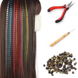 SARLA Feather Hair Extensions Kit Synthetic 16 Inch 100 Pcs I-tip Hair Feathers for Girls Women 10 Mixed Colors with Plier Hook Beads Heat Friendly Fiber