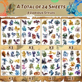 300Pcs+ 24Sheets Dragon Temporary Tattoos Dragon Party Favors Decorations for Kids Adults Dragon Birthday Party Supplies, Goodie Bag Fillers