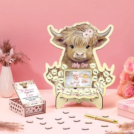 Wenqik 63 Pcs Baby Shower Guest Book Alternatives Set Baby Shower Decorations with Photo Frame Sonogram Frame Keepsake 60 Wood Slices Guest Book for Birthday(Highland Cow)