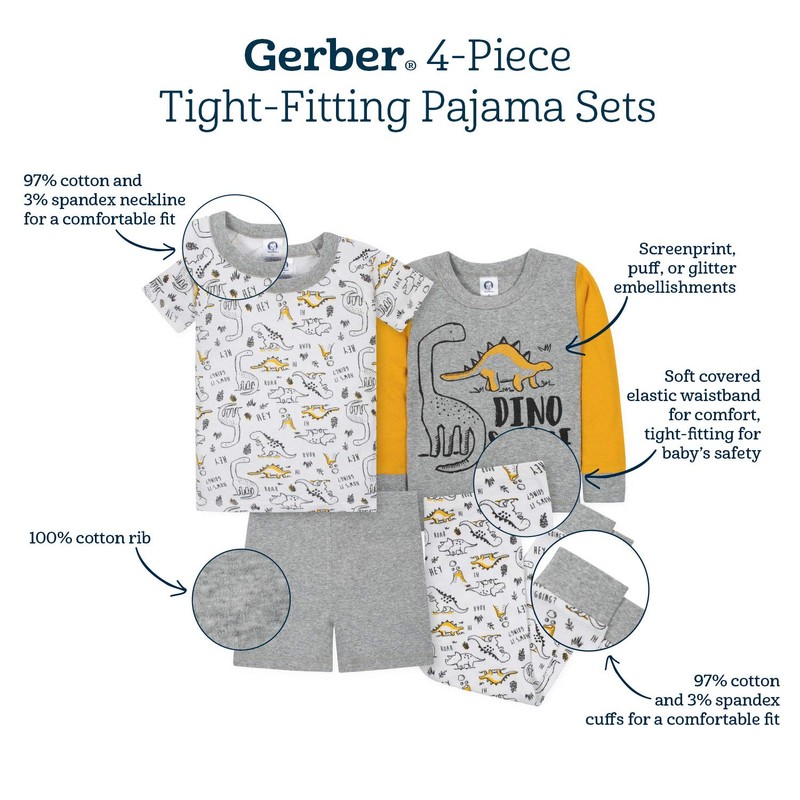 Gerber - Conjunto de Pijama de 4 Piezas para bebé,