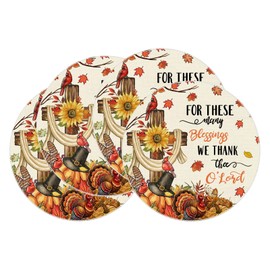 XCHI Thanksgiving Cross Turkey Fall Round Placemats Set of 4 Table Mats for Party Home Kitchen Dining Table Decorations14x14 Inch