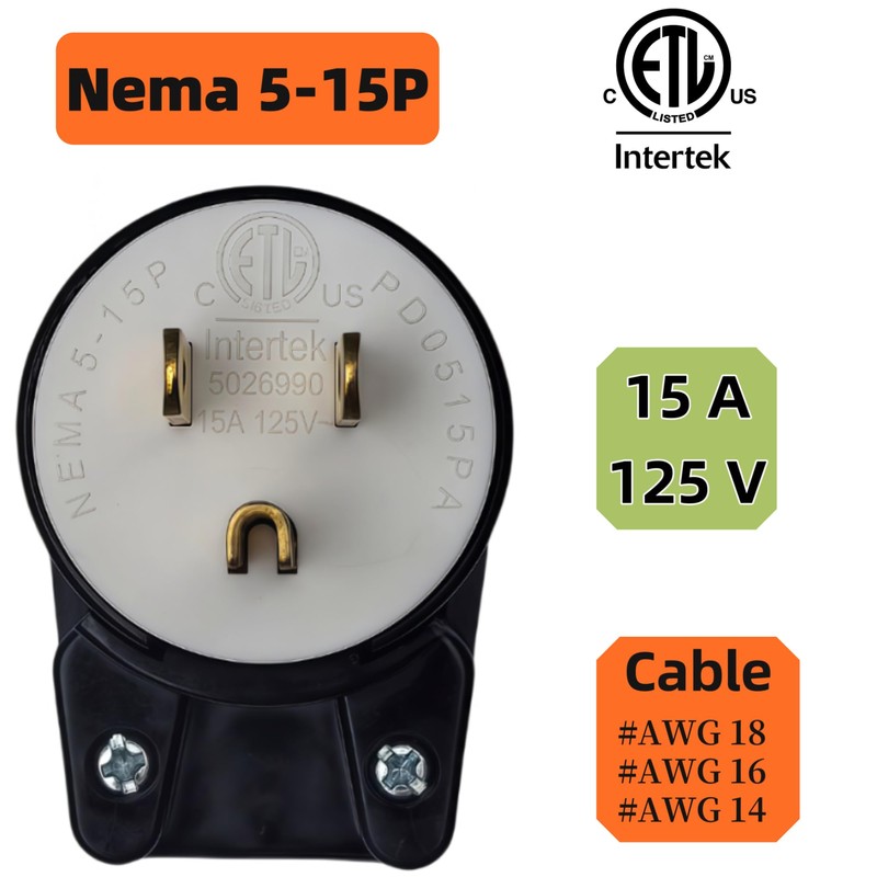 Nema 5-15P 15AMP 125Volt Male Plug,USA Canada Male DIY Rewirable
