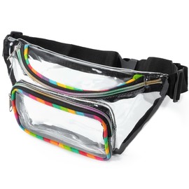 Clear Waist Bag for Stadium Events, Concerts, Festivals, Stadium Approved, Size 11"L x 2.5"W x 5.5"H, Rainbow Cotton Canvas, Colorful Zippers, Adjustable Straps, 2 Compartments, Thick Durable Strap