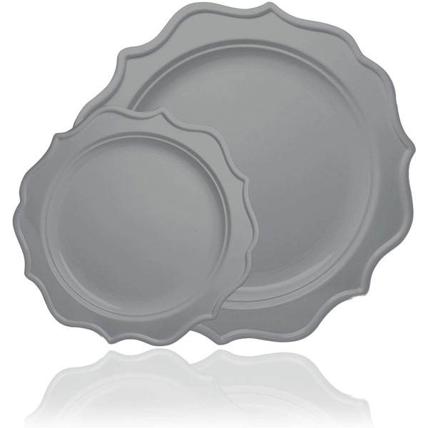 Tiger Chef 96-Pack Silver Color Round Scalloped Rim Disposable Plastic Plate Set for 48 Guests Includes 48 10-Inch Dinner Plates, 48 8-Inch Salad Plates - BPA-Free