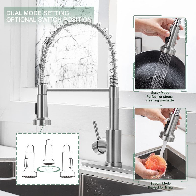 WEWE Kitchen Faucets, Brushed Nickel Kitchen Faucet with Pull Down