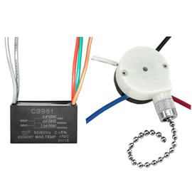 YukiHalu Ceiling Fan Pull Chain Switch 3 Speed 4 Pre-Installed Wires, Ceiling Fan Capacitor CBB61 4uf + 4uf + 2.5uf 5 Wires 250V, Light Switch for Fan and Light (‎ZE-208s Nickel, 4+4+2.5uF)