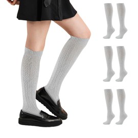 Sierra Socks Girl's Women's Classic Cable Knit School Uniform Outdoor Wear Cotton Knee High Socks 3 Pair Pack (White, Medium)