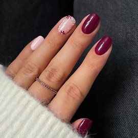 Short Press on Nails Square Red Fake Nails with Floral Design Spring False Nails Wine Red Flower Nails Press ons Extra Short Gel Acrylic Nails Cute Glue on Nails Daisy Stick on Nails for Women 24Pcs